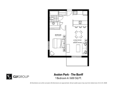 Floor plan for 1 bed, 1 bath, 600 sqft